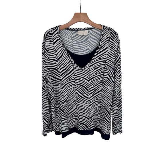 Chicos 2 V-Neck Zebra Two-In-One Top shirt black silver foiled knit size large - Picture 2 of 15